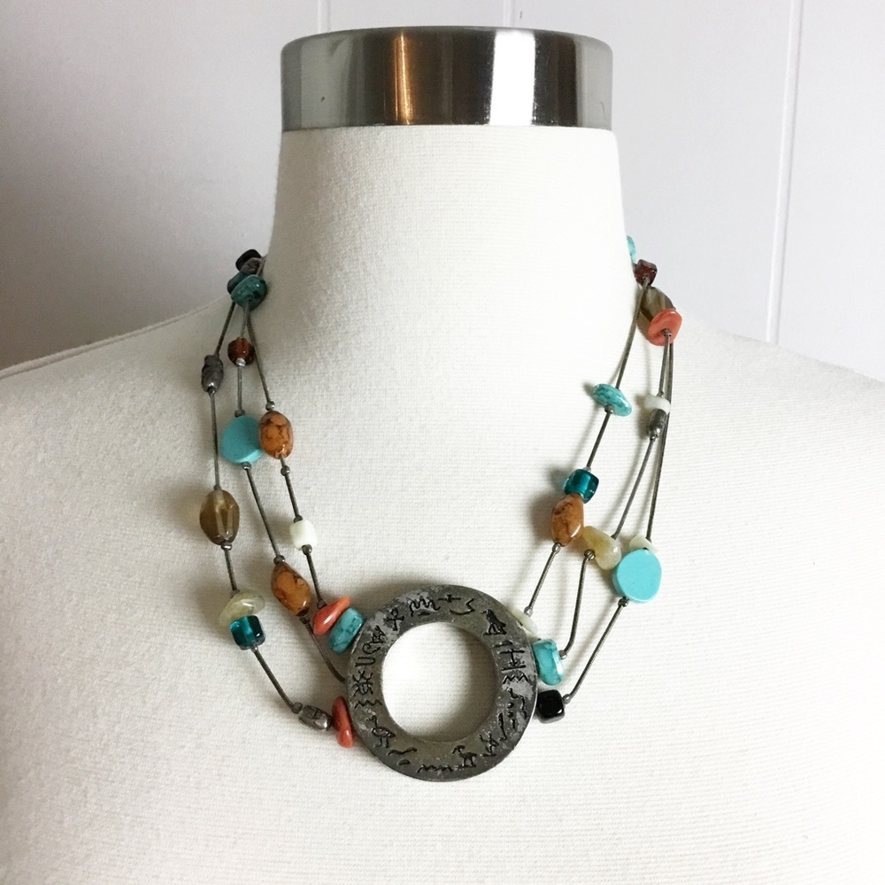 Vintage Chico’s Boho Native Style Necklace Adjustable Silver Turquoise